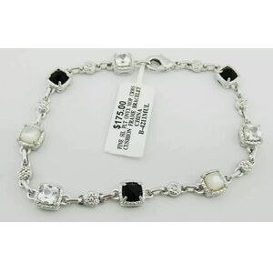 Sterling Silver Plated Genuine MOP, Onyx, & White Sapphire Gemstone Bracelet NWT